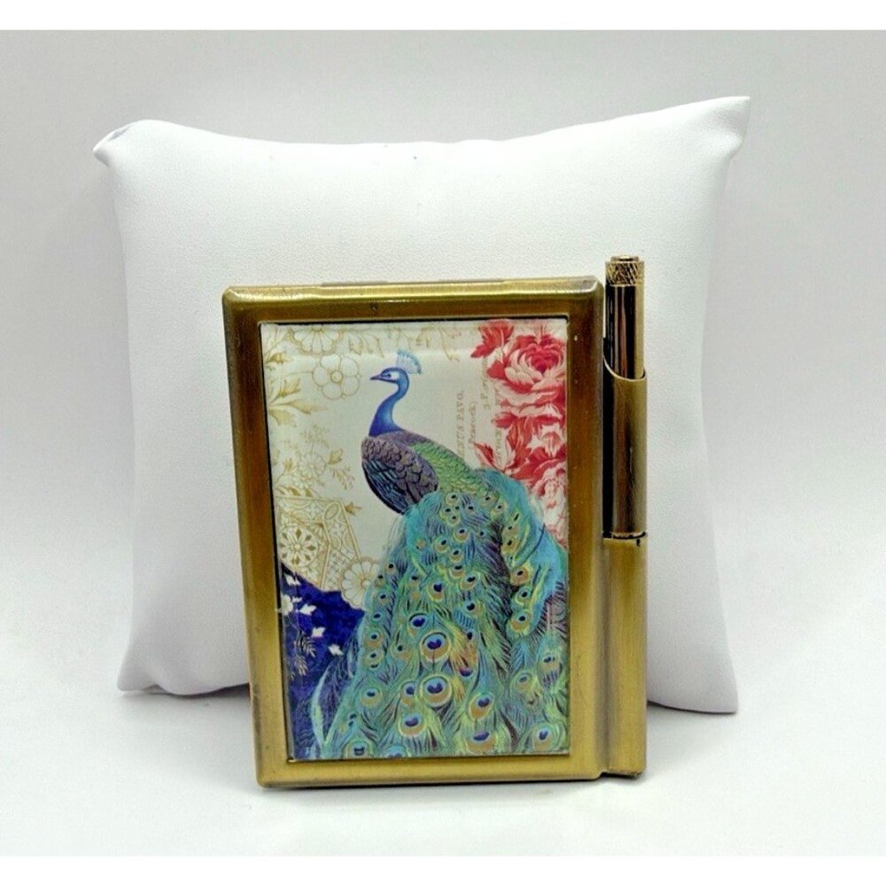Art Deco Flip Up Brass Note Pad Mini Notepad Vintage Peacock Roses Romantic